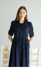 Elegant Button-Down Midi Linen Dress With Gathered Waist And Puff Sleeves For Refined Style