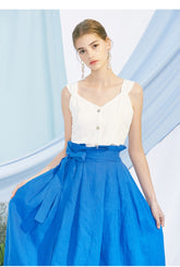 Sleeveless Button Front Linen Top for Women with Back Tie and Soft V-Neckline