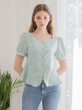 Linen Peplum Blouse for Women with Puff Sleeves and Square Neckline for a Soft Feminine Silhouette
