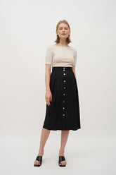 High-Waisted A-Line Linen Midi Skirt with Front Button Detail and Soft Pleat Accents