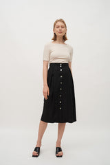 High-Waisted A-Line Linen Midi Skirt with Front Button Detail and Soft Pleat Accents