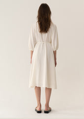 Elegant Midi Wrap Dress In Breathable Pure Linen With 3/4 Sleeves And Classic Tie Waist