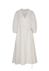 Elegant Midi Wrap Dress In Breathable Pure Linen With 3/4 Sleeves And Classic Tie Waist