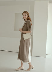 Elegant Puff Sleeve Midi Linen Dress with Back Tie Detail and Minimalist Silhouette