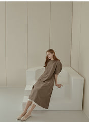 Elegant Puff Sleeve Midi Linen Dress with Back Tie Detail and Minimalist Silhouette