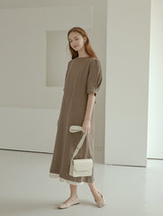 Elegant Puff Sleeve Midi Linen Dress with Back Tie Detail and Minimalist Silhouette