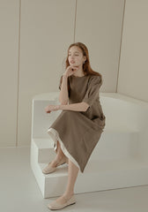 Elegant Puff Sleeve Midi Linen Dress with Back Tie Detail and Minimalist Silhouette
