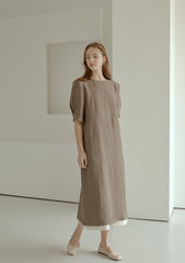 Elegant Puff Sleeve Midi Linen Dress with Back Tie Detail and Minimalist Silhouette