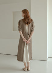 Elegant Puff Sleeve Midi Linen Dress with Back Tie Detail and Minimalist Silhouette