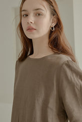 Elegant Puff Sleeve Midi Linen Dress with Back Tie Detail and Minimalist Silhouette