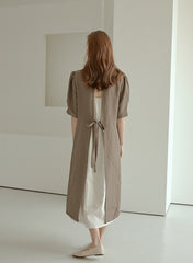 Elegant Puff Sleeve Midi Linen Dress with Back Tie Detail and Minimalist Silhouette
