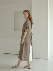 Elegant Puff Sleeve Midi Linen Dress with Back Tie Detail and Minimalist Silhouette