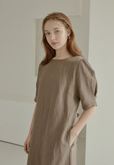 Elegant Puff Sleeve Midi Linen Dress with Back Tie Detail and Minimalist Silhouette
