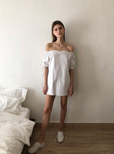Off-Shoulder Linen Mini Dress with Puff Sleeves and Drawstring Detail for Summer Style