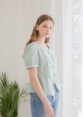 Linen Peplum Blouse for Women with Puff Sleeves and Square Neckline for a Soft Feminine Silhouette