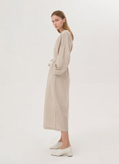 Balloon Sleeve Midi Dress in Breathable Linen with Gathered Neckline and Waist Tie