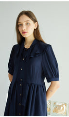 Elegant Button-Down Midi Linen Dress With Gathered Waist And Puff Sleeves For Refined Style