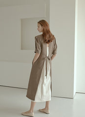 Elegant Puff Sleeve Midi Linen Dress with Back Tie Detail and Minimalist Silhouette