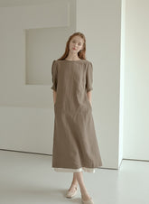 Elegant Puff Sleeve Midi Linen Dress with Back Tie Detail and Minimalist Silhouette