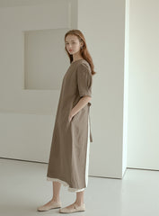 Elegant Puff Sleeve Midi Linen Dress with Back Tie Detail and Minimalist Silhouette