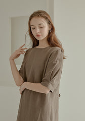 Elegant Puff Sleeve Midi Linen Dress with Back Tie Detail and Minimalist Silhouette
