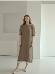 Elegant Puff Sleeve Midi Linen Dress with Back Tie Detail and Minimalist Silhouette