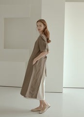 Elegant Puff Sleeve Midi Linen Dress with Back Tie Detail and Minimalist Silhouette