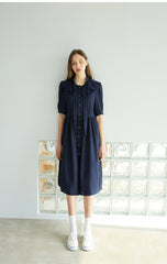 Elegant Button-Down Midi Linen Dress With Gathered Waist And Puff Sleeves For Refined Style