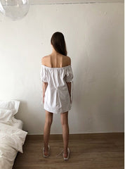 Off-Shoulder Linen Mini Dress with Puff Sleeves and Drawstring Detail for Summer Style