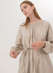 Balloon Sleeve Midi Dress in Breathable Linen with Gathered Neckline and Waist Tie