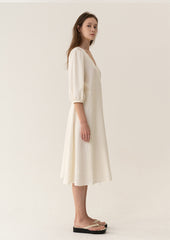 Elegant Midi Wrap Dress In Breathable Pure Linen With 3/4 Sleeves And Classic Tie Waist