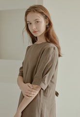 Elegant Puff Sleeve Midi Linen Dress with Back Tie Detail and Minimalist Silhouette