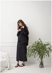 High-Waisted Linen Skirt with Front Slit and Elasticated Waistband
