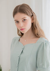 Linen Peplum Blouse for Women with Puff Sleeves and Square Neckline for a Soft Feminine Silhouette
