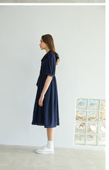 Elegant Button-Down Midi Linen Dress With Gathered Waist And Puff Sleeves For Refined Style