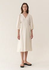 Elegant Midi Wrap Dress In Breathable Pure Linen With 3/4 Sleeves And Classic Tie Waist