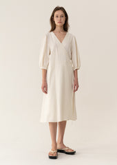Elegant Midi Wrap Dress In Breathable Pure Linen With 3/4 Sleeves And Classic Tie Waist