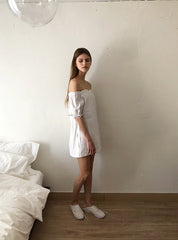 Off-Shoulder Linen Mini Dress with Puff Sleeves and Drawstring Detail for Summer Style