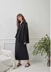 High-Waisted Linen Skirt with Front Slit and Elasticated Waistband