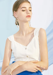 Sleeveless Button Front Linen Top for Women with Back Tie and Soft V-Neckline