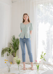 Linen Peplum Blouse for Women with Puff Sleeves and Square Neckline for a Soft Feminine Silhouette