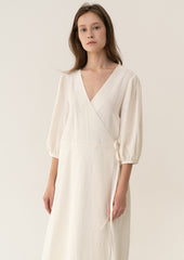 Elegant Midi Wrap Dress In Breathable Pure Linen With 3/4 Sleeves And Classic Tie Waist