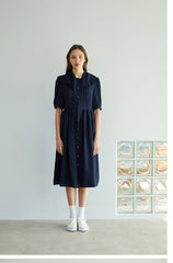 Elegant Button-Down Midi Linen Dress With Gathered Waist And Puff Sleeves For Refined Style