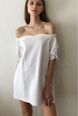 Off-Shoulder Linen Mini Dress with Puff Sleeves and Drawstring Detail for Summer Style