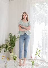 Linen Peplum Blouse for Women with Puff Sleeves and Square Neckline for a Soft Feminine Silhouette