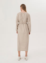 Balloon Sleeve Midi Dress in Breathable Linen with Gathered Neckline and Waist Tie