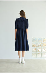 Elegant Button-Down Midi Linen Dress With Gathered Waist And Puff Sleeves For Refined Style