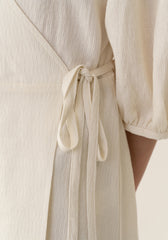 Elegant Midi Wrap Dress In Breathable Pure Linen With 3/4 Sleeves And Classic Tie Waist