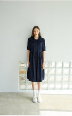 Elegant Button-Down Midi Linen Dress With Gathered Waist And Puff Sleeves For Refined Style