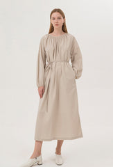Balloon Sleeve Midi Dress in Breathable Linen with Gathered Neckline and Waist Tie